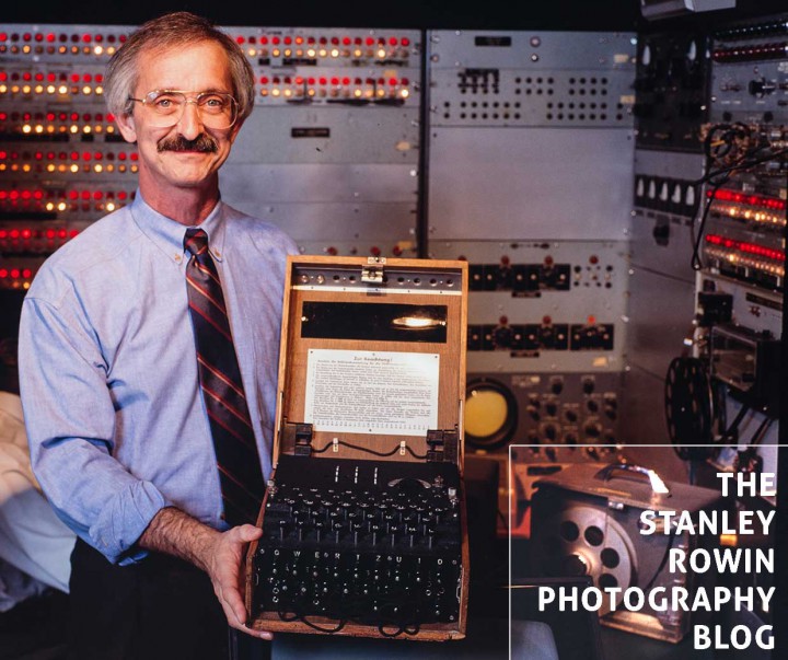 MIT Professor Woodie Flowers holding an original German Enigma machine