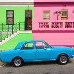 Blue Car and brightly painted houses, Bo Kaap, Cape Town South A